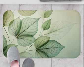 Green Leaf Bathroom Mat Housewarming Gift, Green Bathroom Decor, Botanical Bath Decor, Modern Bath Mat, Leaves Shower Rug, Boho Bath Mat