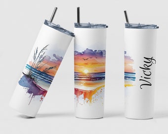 Watercolor Sunset Beach Tumbler, Custom Sunset Colors Summer Tumbler Gift, Personalized Sunset Island Beauty Vacation Coffee Tumbler Gift