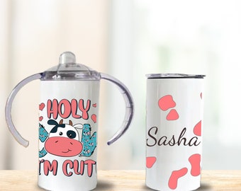 Cute Cow Custom 12oz Sippy Cup with Name Absorbent Bib Birthday Gift Set, Personalized Cow Baby Saying Toddler Kids Sippy Cup Bib Set