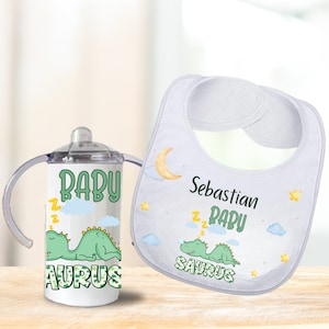 Dinosaur Sippy Cup Custom 12oz Insulated Toddler First Birthday Bib Gift Set with Name, Personalized Cute Baby Trainer Sippy Cup Gift Set
