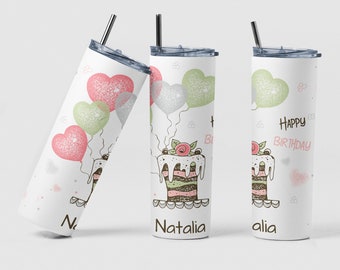 Birthday Cake Design Custom Coffee Travel Tumbler Cup Gift for Woman, Personalized Birthday Gift Tumbler Cup with Straw Best Friend Gift