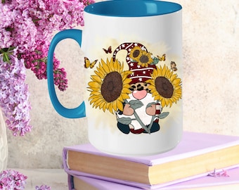 Sunflower Gnome Butterfly Custom Ceramic 15oz Coffee Mug Birthday Gift for Mom, Personalized Handmade Cute Butterfly Gnome Tea Mug Gift