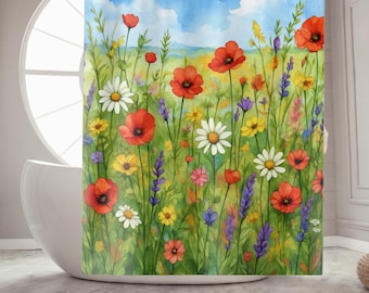 Wildflower Meadow Shower Curtain, Vibrant Floral Botanical Bathroom Decor, Nature Inspired Boho Home & Cottagecore Style Housewarming Gift