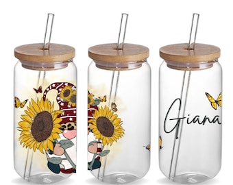 Sunflower Butterflies Gnome Custom 16oz Iced Coffee Glass Beer Can Tumbler Cup Birthday Mom Gift, Personalized  Cute Handmade Gnome Tumbler