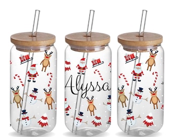Personalized Christmas Glass Cup, Custom Name Santa and Reindeer Sipper with Bamboo Lid & Straw, Holiday Iced Coffee Drinkware Gift for Her