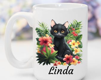 Floral Black Cat Mug Gift For Cat Lover Coffee Lover Gift Gift For Cat Mom Cat Hawaiian Flowers Mug Personalized Cat Mug Pet Coffee Mug