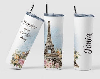 Paris Travel Custom Coffee Tumbler Cup Traveler Gift, Personalized Paris Vintage Travel Floral Tumbler Mug Cup Women Birthday Gift