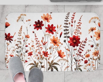 Fall Bath Mat Home Decor Housewarming Gift, Memory Foam Bath Mat, Autumn Bathroom Accessories, Wildflower Bath Mat, Boho Floral Bath Mat