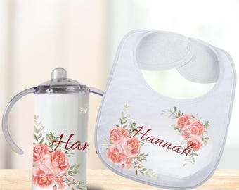 Personalized Baby Bib with Name, Floral Girl Bib with Matching Sippy Cup Option, Custom Baby Shower Gift, Newborn or Toddler Set