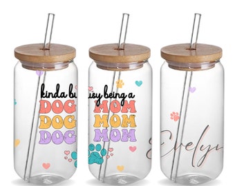 Dog Mom Custom 16oz Iced Coffee Glass Tumbler Birthday Cup Fur Mama Gift, Personalized Best Dog Mom Life Tea Glass Cup Pet Owner Lover Gift