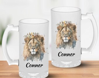 Lion Beer Mug, Custom Lion Design Frosted 16oz Beer Mug Gift for Men, Personalized Frozen Beer Mug Gift for Dad