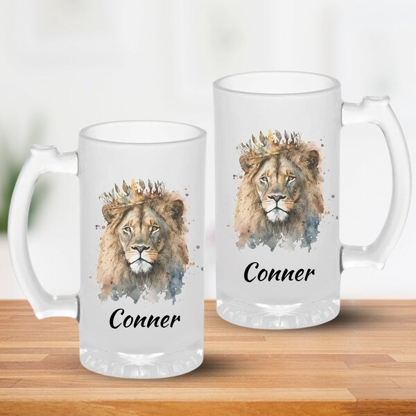 Lion Beer Mug, Custom Lion Design Frosted 16oz Beer Mug Gift for Men, Personalized Frozen Beer Mug Gift for Dad