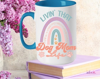 Dog Mom Custom Ceramic 15oz Coffee Mug Birthday Gift for Dog Lover, Personalized Cute Retro Fur Mama Tea Cup Gift for Best Mom Pet Owner