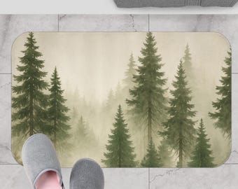 Misty Forest Bath Mat, Rustic Cabin Bathroom Rug, Woodland Pine Tree Memory Foam Mat, Nature Lodge Decor, Neutral Bathroom Accent Gift