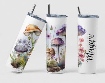 Mushroom Tumbler, Custom Watercolor Whimsical Mushroom 20oz Skinny Coffee Tumbler Gift, Personalized Mushroom Vintage Tumbler Birthday Gift