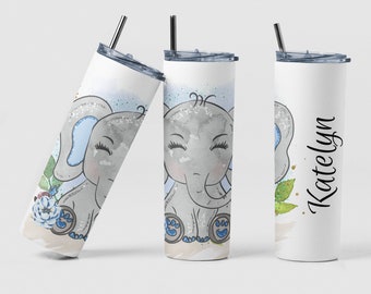 Elephant Tumbler, Custom Cute Baby Elephant Baby Shower Gift, Personalized Elephant Theme Tumbler Baby Boy Gift, Blue Baby Elephant Gift
