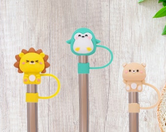 Silicone Straw Cover Topper Cap Cute Animal Reusable Straw, Silicone Fox Llama Dragon Cat Straw Fits Most Straws Not All Fit Stanley Straws