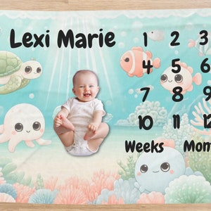 Gepersonaliseerde baby mijlpaal deken baby shower cadeau, pasgeboren cadeau, onder de zee maandelijkse mijlpaal deken, oceaandeken, groeimeter