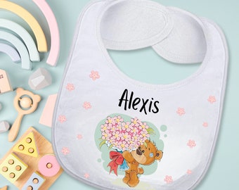 Cute Baby Bear Custom Absorbent Drool Bib with 12oz Sippy Cup Girl Birthday Gift Set, Personalized Floral Baby Girl Unique Bib Gift Set