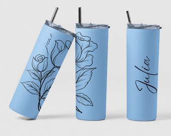 Birth Flower Month Personalized 20oz Stainless Steel Coffee Travel Tumbler Cup Bridesmaid Birthday Gift for Mom. Custom Floral Name Tumbler