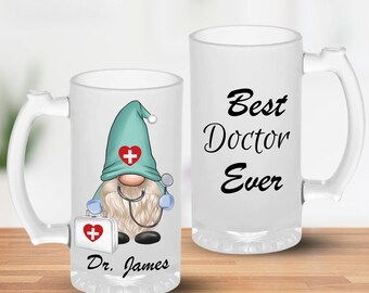 Gnome Best Doctor Custom 16oz Frosted Beer Mug for Freezer Gift for ER, Personalized Unique Funny Doctor Gnome Beer Stein Gift for Men