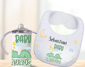 Absorbent Drool Baby Dinosaur Bib Custom Gift Set with Name New Mom Baby Shower, Personalized Baby Essential Bib and 12oz Sippy Cup Gift Set
