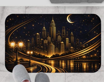 Art Deco Bath Mat | Masculine City Skyline Bathroom Rug | Luxury Navy Gold Hotel Style Decor | Modern Vintage Urban Floor Mat