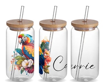 Parrot Custom 16oz Iced Coffee Glass Tumbler Cup Name Birthday Gift, Personalized Cute Bird Coffee Glass Beer Can Tumbler Cup Bird Mom Gift