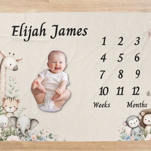 Safari Milestone Blanket for Baby Shower Gift, Monthly Milestone Blanket for Baby Boy, Personalized Baby Animal Blanket, Jungle Animals