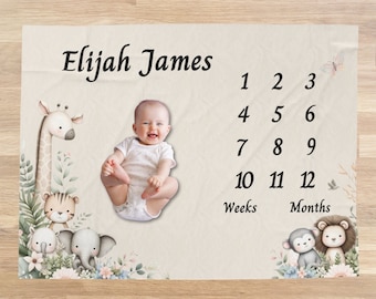 Safari Milestone Blanket for Baby Shower Gift, Monthly Milestone Blanket for Baby Boy, Personalized Baby Animal Blanket, Jungle Animals