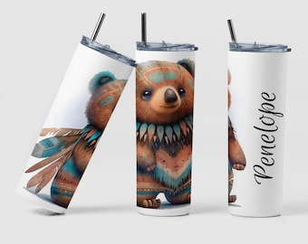 Tribal Bear Tumbler, Custom Tribal Pattern Baby Bear Tumbler Gift, Wooded Mama Bear Tumbler Gift for Mom, Native Stainless Steel Tumbler