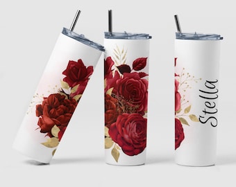 Red Floral Tumbler, Custom Watercolor Red Bouquet Floral Tumbler Bridesmaid Gift, Personalized Birthday Floral Coffee Tumbler Gift for Mom