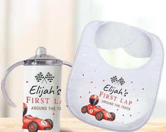 Race Car First Birthday Bib and Sippy Cup Set, Baby Boy Cake Smash Outfit, Personalized Racing Theme Party Gift, First Lap Keepsake Tumbler