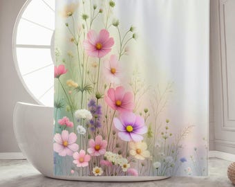 Wildflower Shower Curtain, Colorful Floral Meadow Bathroom Decor, Pastel Spring Flower Print Curtain, Cottagecore Farmhouse Bathroom Style