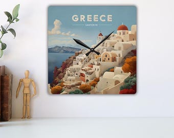 Travel Wall Clock, Unique World Clock Home Decor for Travelers and Adventurers, Housewarming Gift Idea, Greece Santrini Acrylic Wall Clock