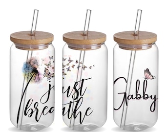 Just breathe Custom 16oz Iced Coffee Glass Beer Can Tumbler Cup Birthday Gift, Personalized  Daily Affirmation Glass Water Drinking Cup Gift