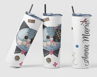 Patchwork Cat Sewing Custom Coffee Travel Insulated Tumbler Cup Birthday Gift, Personalized Tumbler Gift Cat Lover Women Seamstress Gift