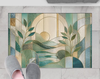 Stained Glass Bath Mat, Teal Green Bathroom Rug, Abstract Botanical Decor, Non Slip Floor Mat, Modern Spa Style