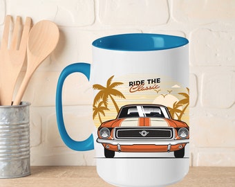 Classic Mustang Mug Custom 15oz Ceramic Coffee Mug Gift for Car Lover, Personalized Muscle Car Coffee Cup Gift for Boyfriend Car Guy