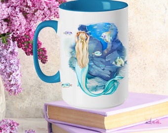 Mermaid Mug, Custom Handmade 15oz Ceramic Mermaid Coffee Mug Gift, Personalized Cute Mermaid Coffee Ceramic Mug for Girls