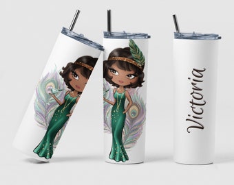 Roaring 20s Girl Custom Coffee Travel Insulated Tumbler Cup Handmade Birthday Gift, Personalized Cute Mardi Gras Tumbler Bridesmaid Gift