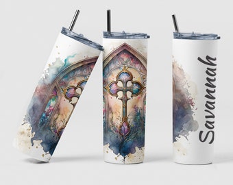 Cross Stained Glass Tumbler, Custom Stained Glass Tumbler Birthday Gift, Personalized Religious Tumbler Gift, Religious Cross Tumbler Gift