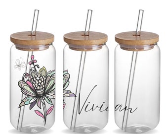 Floral Custom 16oz Iced Coffee Glass Tumbler Cup Birthday Gift, Personalized Glass Drinking Jar Cup With Name Flower Design Gift