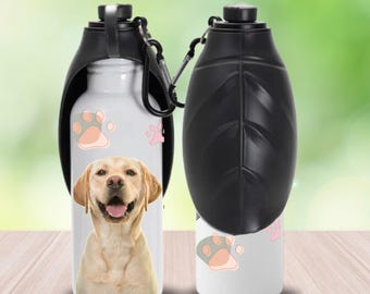 Personalized Dog Water Bottle | Custom Pet Photo Travel Cup | Portable Dog Tumbler with Bowl | Stainless Steel Pet Water Bottle for Walking