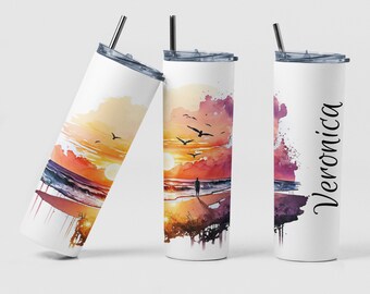 Walk on the Beach Tumbler, Custom Sunset Beach Scene Theme Coffee Tumbler Gift for Girls Trip, Personalized Sunset Beach Design Tumbler Gift