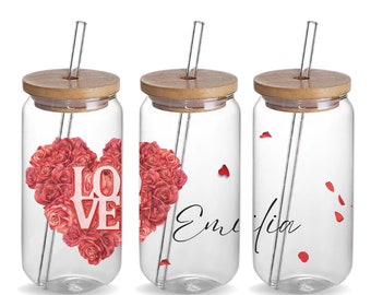 Heart Glass Tumbler, Valentine's Day Tumbler, 16oz Glass Tumbler, Personalized Valentine's Day Gift, Personalized Anniversary Gift, Glass