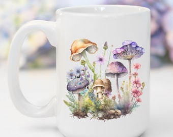 Mushroom Mug 15oz Coffee Cup Personalized Gift for Mushroom Lover Coffee Cottagecore Cup Botanical Gift Plant Mug Floral Mug Gift for Her
