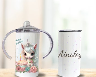 Unicorn Birthday Custom 12oz Sippy Cup with Name Insulated Tumbler Gift for Toddler Girls, Personalized Unicorn Kids Tumbler Cup Gift
