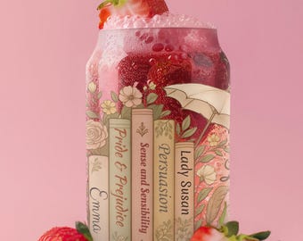 Jane Austen Book Glass Cup, Literary Girl Tumbler, Personalized Bookish Gift, Iced Coffee Glass, Reader Gift for Her, Floral Book Stack