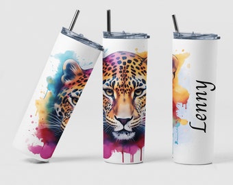 Leopard Tumbler Custom Coffee Travel 20oz Insulated Cup Birthday Gift, Personalized Colorful Mom Cat Tea Tumbler Cup, Jaguar Gift for Her